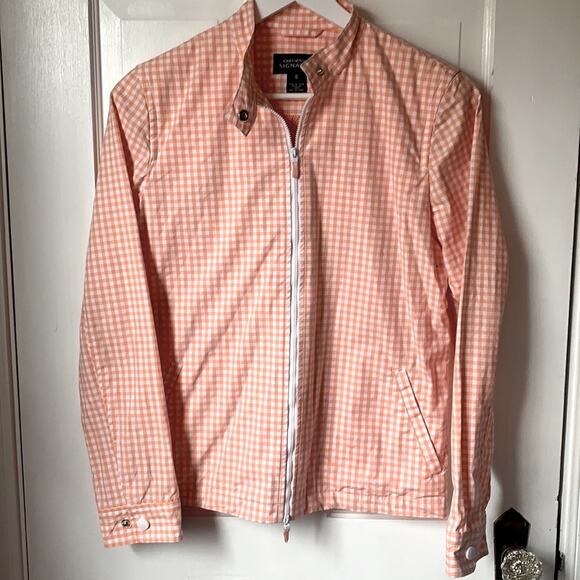 Jones New York Gingham Peach Zip Front Windbreaker Cottagecore Rain Jacket Sz S - Picture 1 of 9